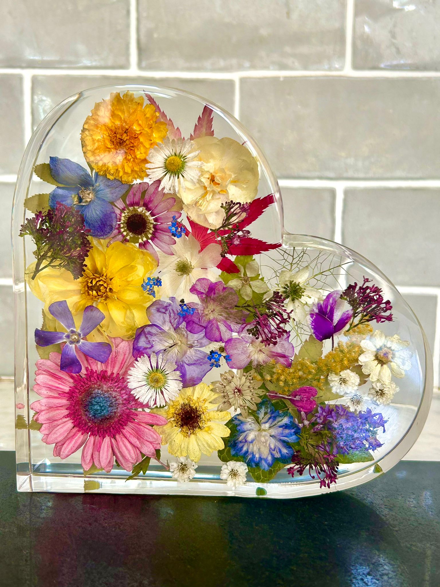 Preserved flowers in resin